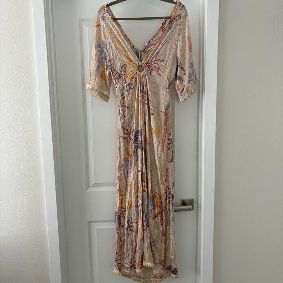 Z&L EUROPE V-neck Tie Up Open Back Bell Sleeves Trimmed 54"Long Maxi Dress sz L - Picture 1 of 8